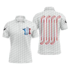 Polo golf homme blanc texture balle de golf grand drapeau France carte tricolore clubs croisés rouges dos coupe ajustée