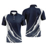 Polo sport homme bleu marine profond bande blanche grunge diagonale épaule éclats balle de golf gris coupe ajustée