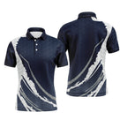 Polo sport homme bleu marine profond bande blanche grunge diagonale épaule éclats balle de golf gris coupe ajustée