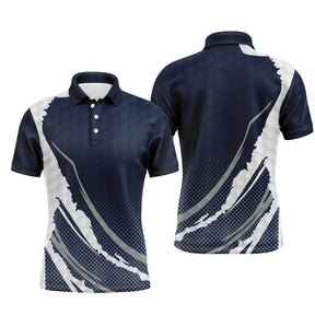 Polo sport homme bleu marine profond bande blanche grunge diagonale épaule éclats balle de golf gris coupe ajustée