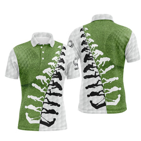 Polo golf homme bicolore blanc balle de golf vert prairie frise évolution des golfeurs silhouettes successives noires
