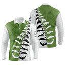 Polo manches longues golf unisexe bicolore blanc vert prairie frise évolution silhouettes golfeurs tissu respirant
