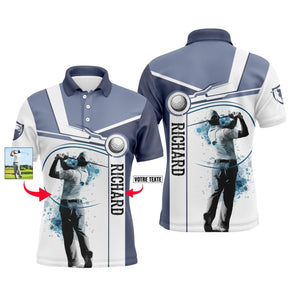 Polo golf homme bleu marine et blanc partagé verticalement silhouette golfeur swing médaillon photo bandeau prénom Richard