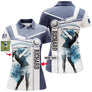 Polo golf femme bleu marine et blanc silhouette golfeuse médaillon photo bandeau prénom personnalisé coupe cintrée