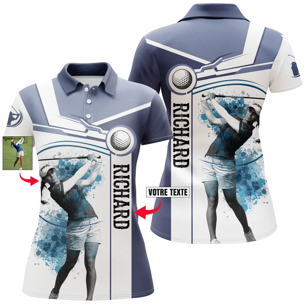 Polo golf femme bleu marine et blanc silhouette golfeuse médaillon photo bandeau prénom personnalisé coupe cintrée