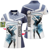 Polo golf femme bleu marine et blanc silhouette golfeuse médaillon photo bandeau prénom personnalisé coupe cintrée