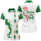 Polo golf femme argyle vert prairie silhouette golfeuse swing slogan Reine du Golf couronne balle tee coupe cintrée