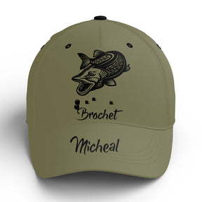 Casquette pêche brochet vert kaki brochet saut prénom broderie côté pêcheur carnassier personnalisée