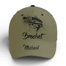 Casquette pêche brochet vert kaki Big Moustaches brochet attaque prénom broderie pêcheur personnalisée