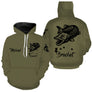 Sweat capuche pêche brochet all-over fond kaki olive motif brochet silhouette noire prénom logo personnalisés