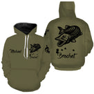 Sweat capuche pêche brochet all-over fond kaki olive motif brochet silhouette noire prénom logo personnalisés