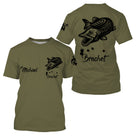 T-shirt pêche brochet all-over fond kaki olive motif brochet silhouette noire encrée prénom logo texte personnalisés