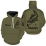 Sweat capuche pêche saumon all-over fond kaki olive motif saumon silhouette noire pêcheur prénom personnalisé