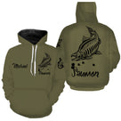 Sweat capuche pêche saumon all-over fond kaki olive motif saumon silhouette noire pêcheur prénom personnalisé
