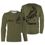 T-shirt manches longues pêche saumon all-over fond kaki olive motif saumon silhouette noire prénom personnalisé