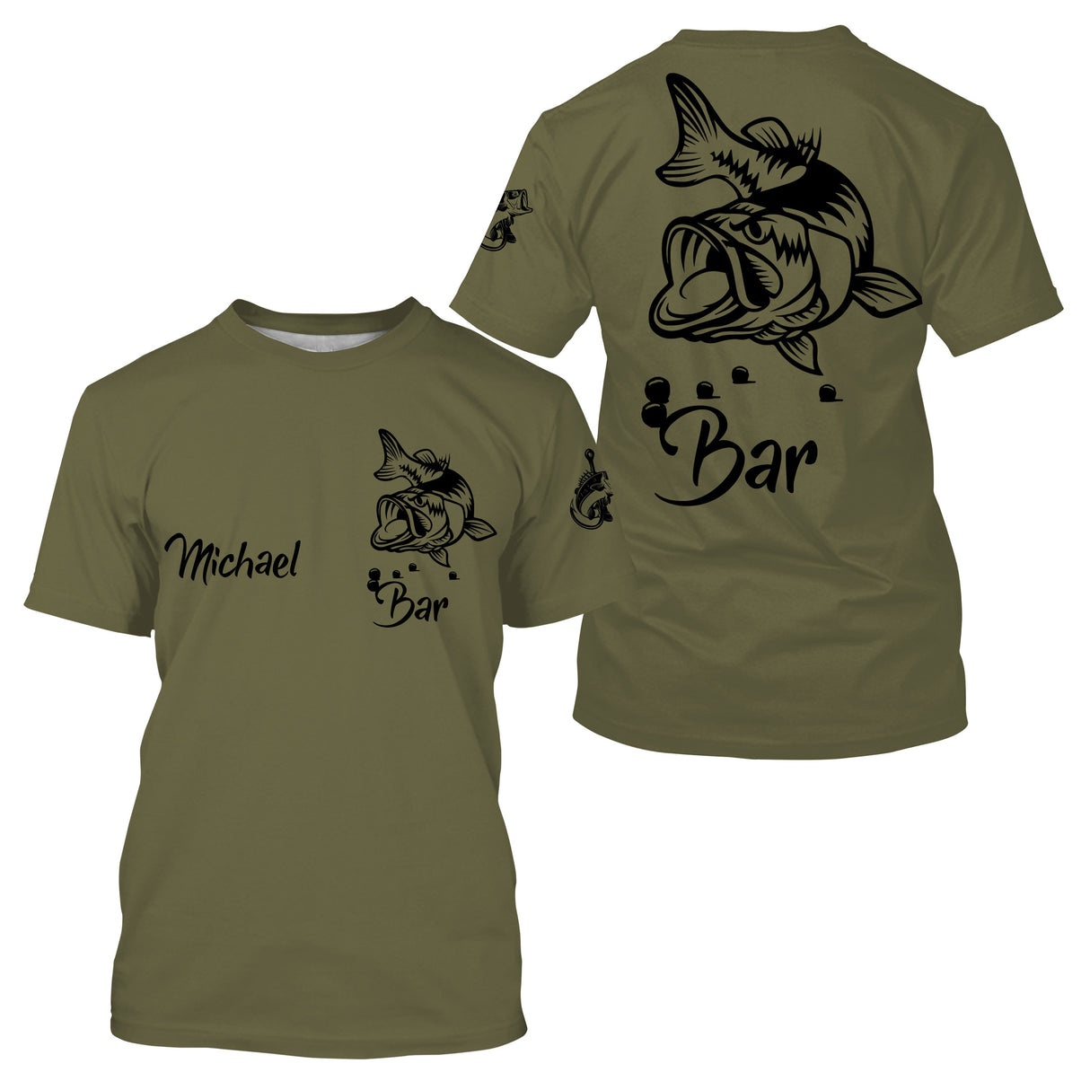 T-shirt pêche bar vert kaki illustration loup de mer en saut Bar prénom Michael manche personnalisé