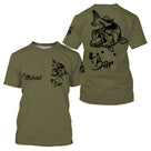 T-shirt pêche bar vert kaki illustration loup de mer en saut Bar prénom Michael manche personnalisé