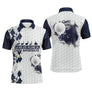 Polo golf homme argyle bleu marine losanges damier clubs alignés slogan La Vie Pleine Choix Importants éclats balle