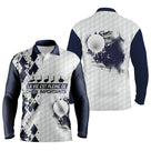 Polo de golf manches longues argyle blanc et bleu marine avec lettrage Vie Pleine De Choix et balles splash