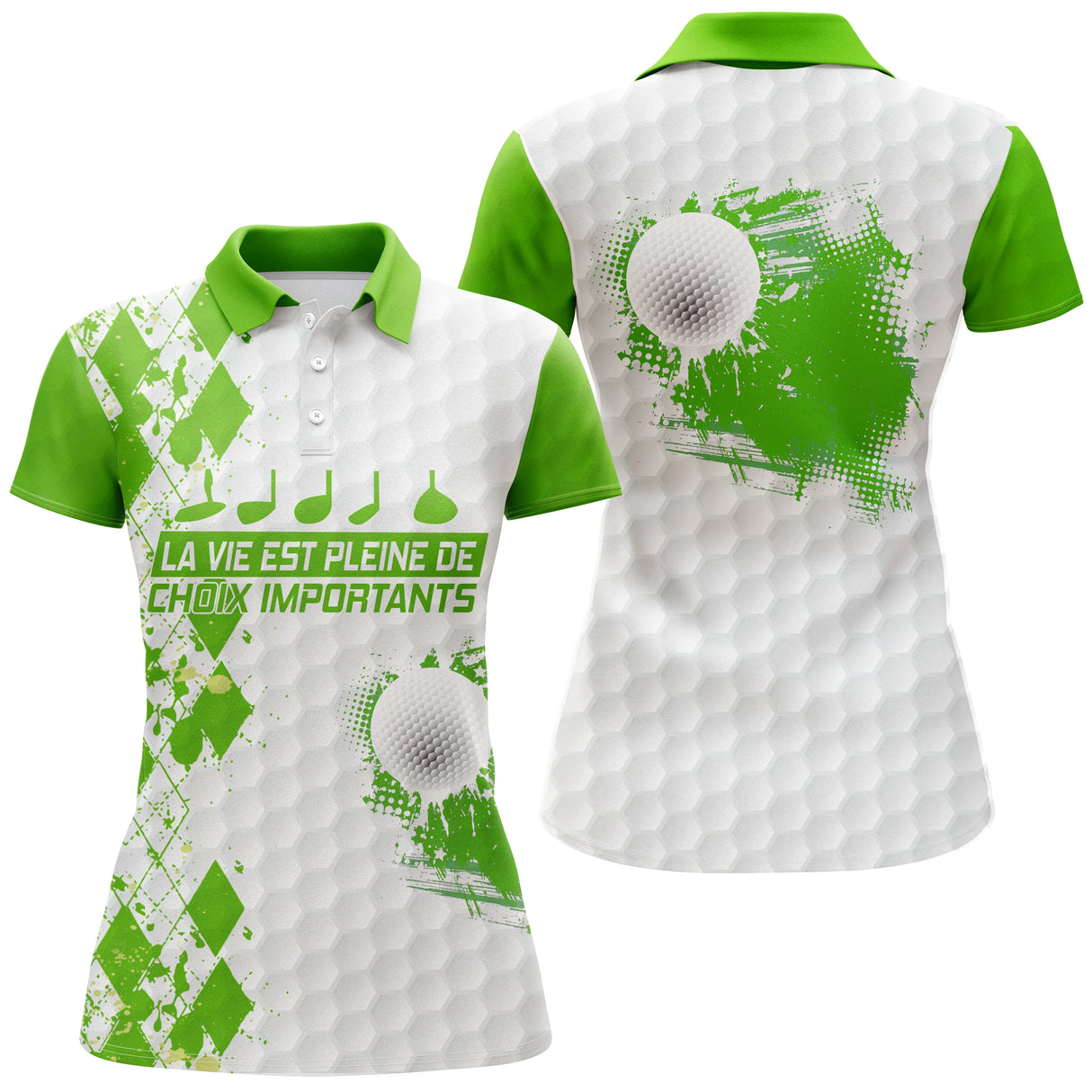 Polo golf femme argyle vert prairie losanges damier clubs alignés slogan La Vie Pleine Choix coupe cintrée