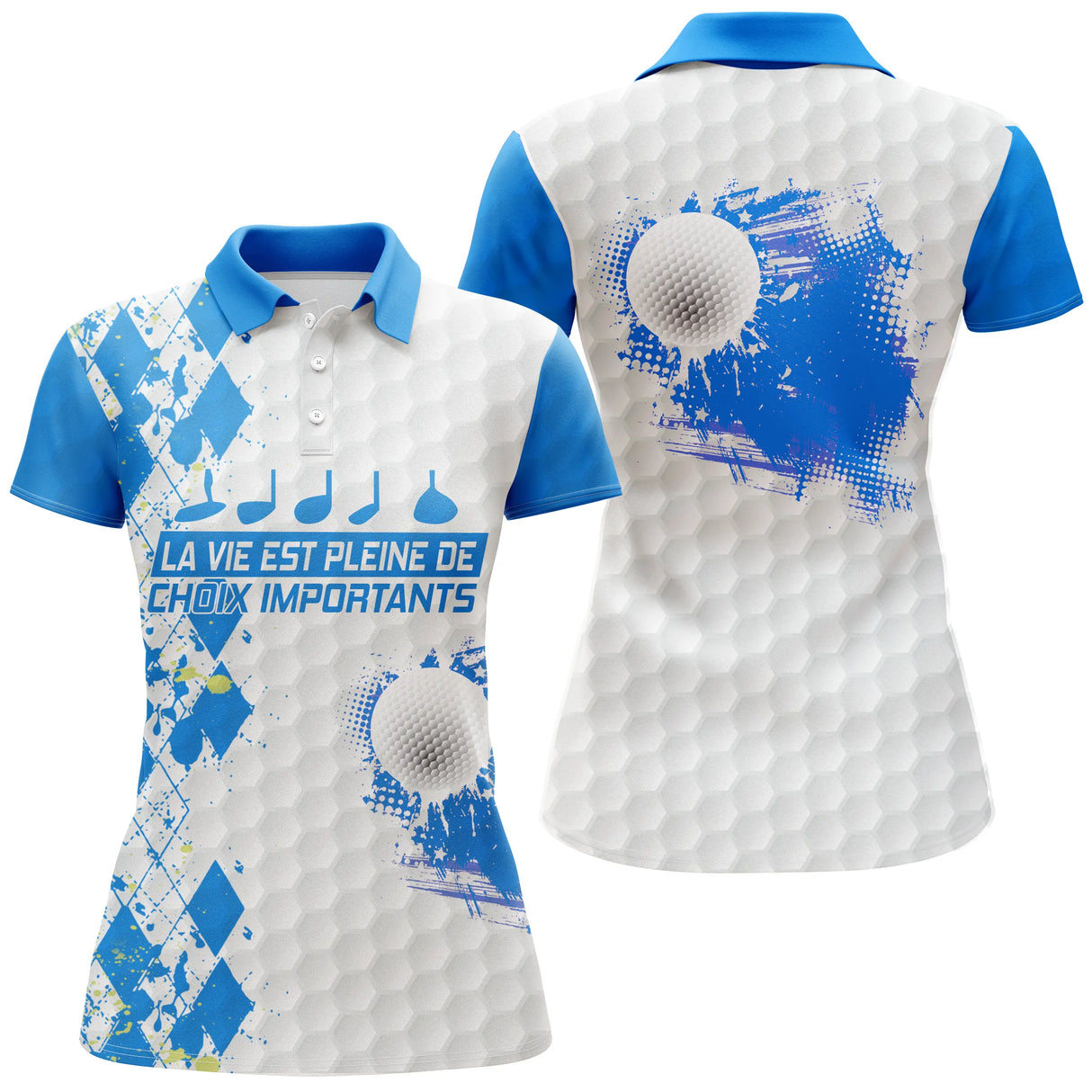 Polo golf femme argyle turquoise losanges damier clubs alignés slogan La Vie Pleine Choix coupe cintrée