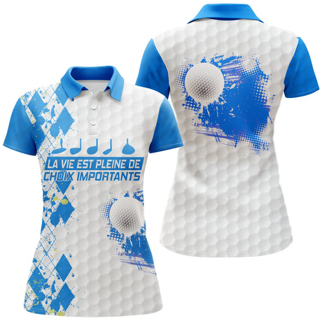Polo golf femme argyle turquoise losanges damier clubs alignés slogan La Vie Pleine Choix coupe cintrée
