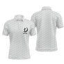 Polo golf homme blanc texture balle de golf all-over médaillon central golfeur swing zone prénom Michel coupe ajustée