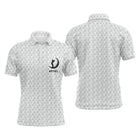 Polo golf homme blanc texture balle de golf all-over médaillon central golfeur swing zone prénom Michel coupe ajustée