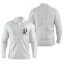 Polo de golf manches longues blanc texturé balle avec emblème central balle et clubs et prénom personnalisé