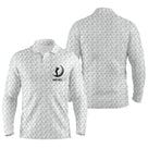 Polo de golf manches longues blanc texturé balle avec emblème central balle et clubs et prénom personnalisé