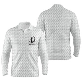 Polo de golf manches longues blanc texturé balle avec emblème central balle et clubs et prénom personnalisé