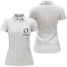 Polo golf femme blanc texture balle de golf médaillon central golfeur swing prénom personnalisé coupe cintrée