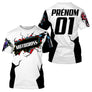 Maillot motocross blanc violet noir avec motard en pleine course et lettrage Motocross, prénom numéro 01