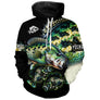 Hoodie pêche perche all-over fond noir motif perche verte écailles carnassier pêcheur prénom personnalisé