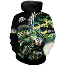 Hoodie pêche perche all-over fond noir motif perche verte écailles carnassier pêcheur prénom personnalisé