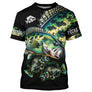 T-shirt pêche perche all-over fond noir motif perche verte rayée gueule ouverte écailles graphiques prénom personnalisé
