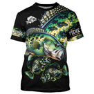 T-shirt pêche perche all-over fond noir motif perche verte rayée gueule ouverte écailles graphiques prénom personnalisé