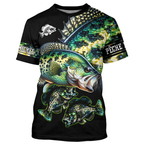 T-shirt pêche perche all-over fond noir motif perche verte rayée gueule ouverte écailles graphiques prénom personnalisé