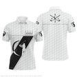 Polo golf homme blanc insert noir clubs croisés alignés silhouette golfeur slogan La Vie Pleine Choix coupe ajustée