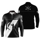 Polo manches longues golf unisexe noir insert blanc clubs croisés silhouette golfeur slogan tissu respirant