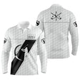Polo manches longues golf unisexe blanc insert noir clubs croisés silhouette golfeur slogan tissu respirant