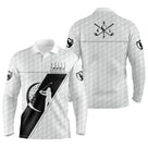 Polo manches longues golf unisexe blanc insert noir clubs croisés silhouette golfeur slogan tissu respirant