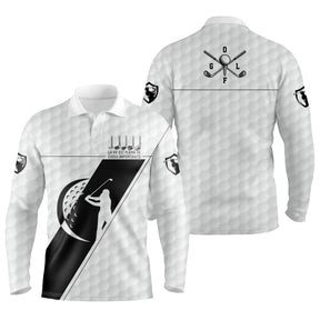Polo manches longues golf unisexe blanc insert noir clubs croisés silhouette golfeur slogan tissu respirant