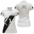 Polo golf femme blanc insert noir clubs croisés silhouette golfeur slogan La Vie Pleine Choix coupe cintrée