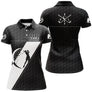 Polo golf femme noir intense insert blanc balle clubs croisés silhouette golfeur slogan coupe cintrée tissu respirant
