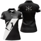 Polo golf femme noir intense insert blanc balle clubs croisés silhouette golfeur slogan coupe cintrée tissu respirant