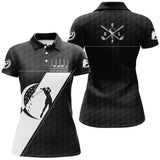 Polo golf femme noir intense insert blanc balle clubs croisés silhouette golfeur slogan coupe cintrée tissu respirant