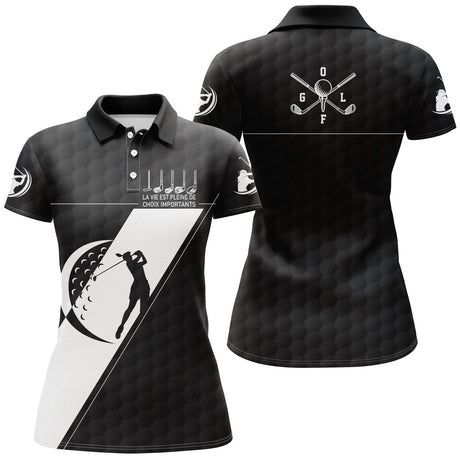 Polo golf femme noir intense insert blanc balle clubs croisés silhouette golfeur slogan coupe cintrée tissu respirant