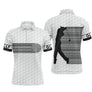Polo golf homme blanc texture balle bande verticale code-barres noires côté gauche silhouette golfeur swing inscription GOLF
