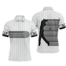 Polo golf homme blanc texture balle bande verticale code-barres noires côté gauche silhouette golfeur swing inscription GOLF